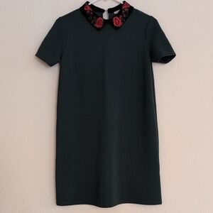 Zara Trafaluc Embroidered Peter Pan Collar Short Sleeve Dark Green Rib Dress - S